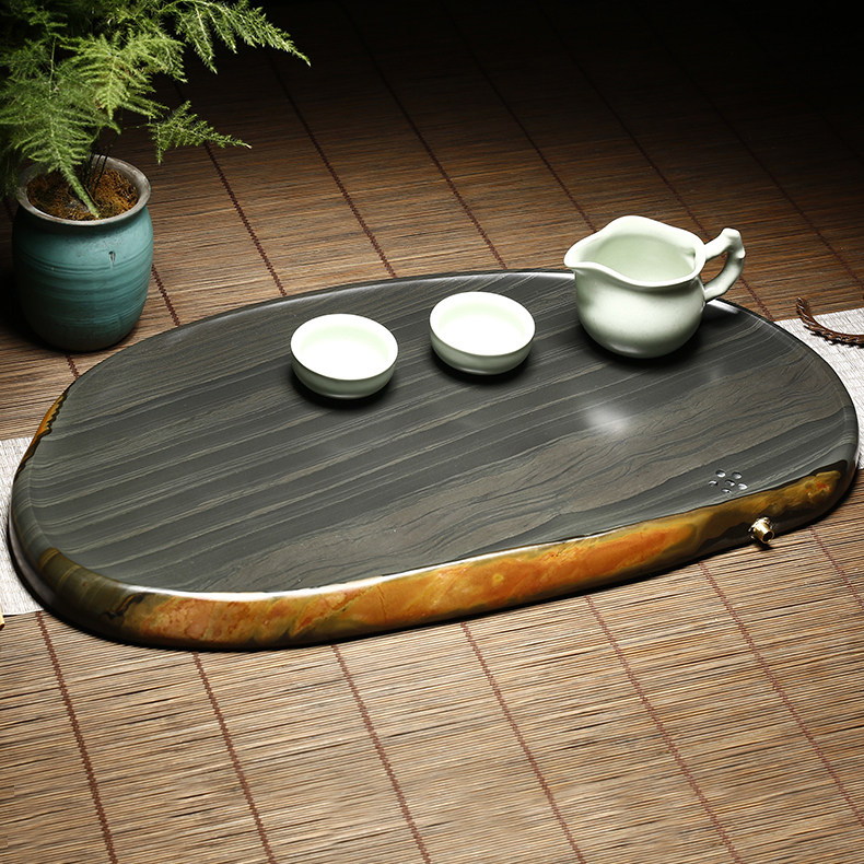 安徽歙砚原石茶盘 家庭实用随形茶台整块石茶托 石质功夫茶具湿泡