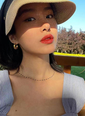 杨采钰同款S925银镀18K金蓝色滴胶豆豆小众设计叠搭女锁骨短项链