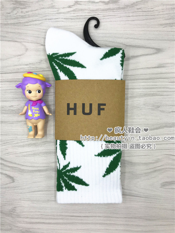 【正品】HUF枫叶袜子男女同款情侣潮流网红百搭ins春夏中筒袜白绿