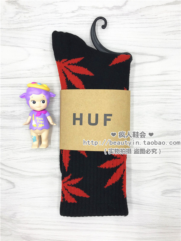 【正品】HUF枫叶袜子男女同款情侣潮流网红百搭ins春夏中筒袜黑红