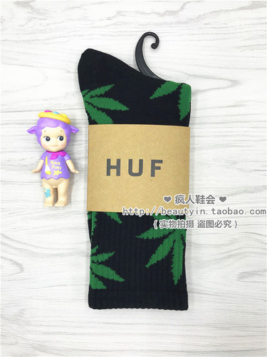 【正品】HUF枫叶袜子男女同款情侣潮流网红百搭ins春夏中筒袜黑绿 - 封面