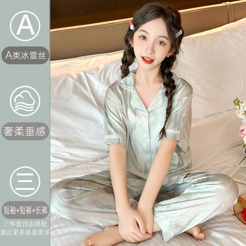 女童高端冰丝睡衣夏季2025新款儿童女孩薄款可外穿家居服短袖套装