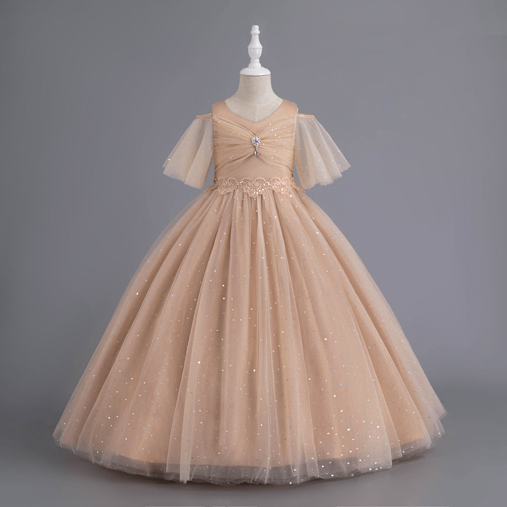 新款女童婚纱礼服半袖公主裙花童蓬蓬主持表演花边连衣裙跨境