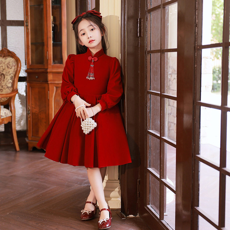 儿童礼服红色高端小众轻奢女童生日公主裙春秋季主持人钢琴演出服