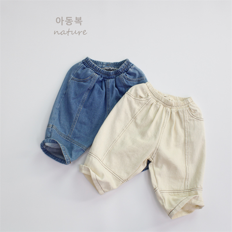 秋季儿童牛仔裤韩版男童七分裤a类纯色洗水宽松宝宝女童裤子