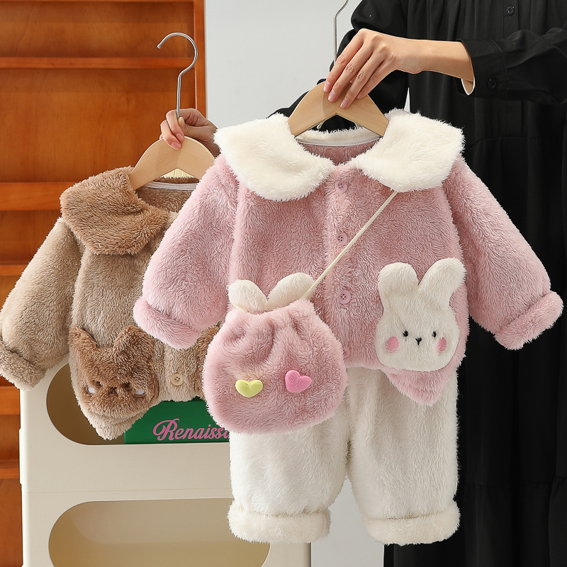 2024秋冬季新款男童女童加绒挎包睡衣长袖套装宝宝保暖长裤两件套