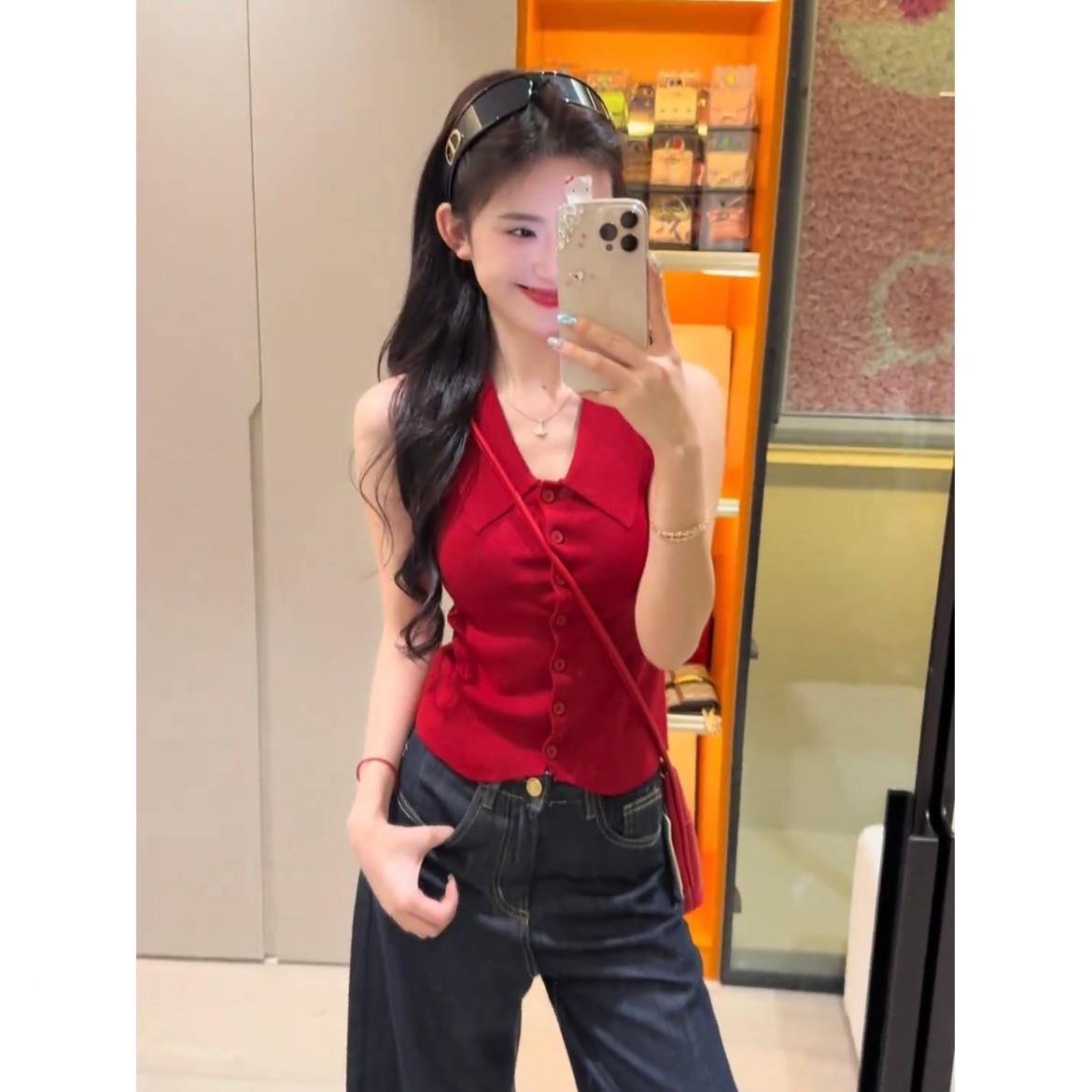 红色别致polo领无袖针织法背心女夏季款修外穿式短气质xbq翻领上