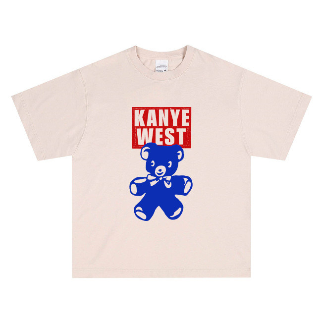 Kanye West侃爷辍学小熊Vintage高街复古男女情侣款宽松短袖T恤