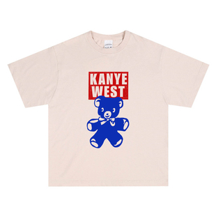 Kanye West侃爷辍学小熊Vintage高街复古男女情侣款宽松短袖T恤