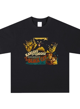 The black cat 小说黑色的猫纯棉黑色短袖重磅宽松美式圆领T恤