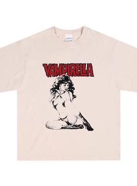 Vampirella吸血姬漫画纯棉杏色美式复古圆领短袖半袖T恤新款情侣
