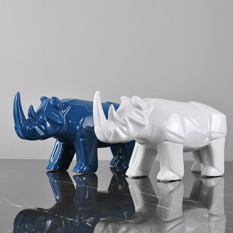 抽象后现代极简北欧蓝白陶瓷折纸几何犀牛摆件轻奢儿童房软装饰品