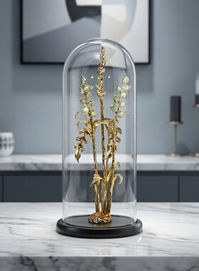 轻奢金属矿石花卉玻璃罩软装摆件