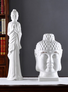 侘寂风做旧陶瓷佛头玄关软装饰品