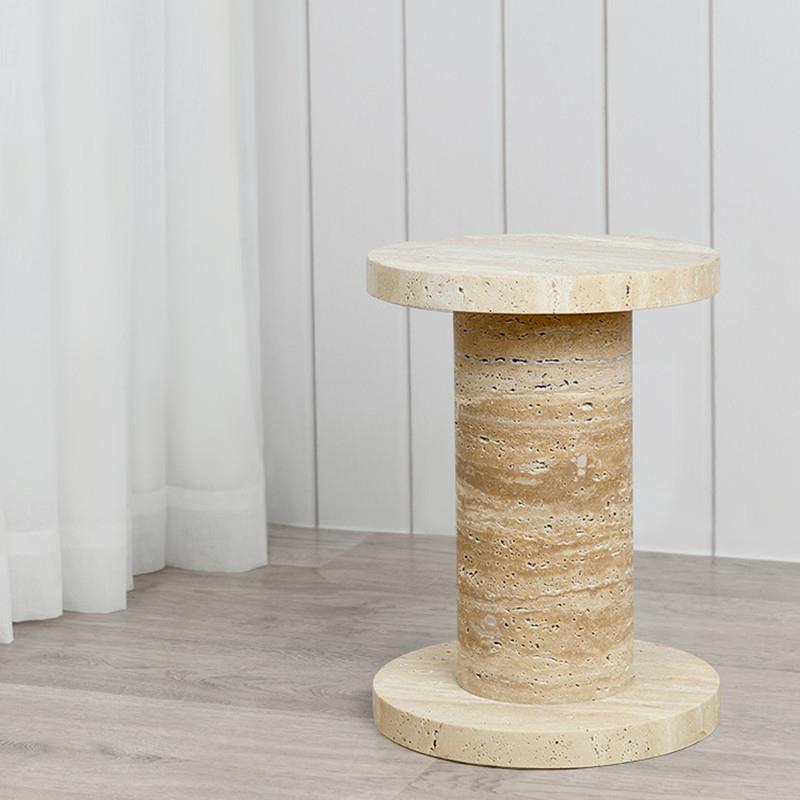 侘寂风圆形天然大理石洞石组合边几创意客厅阳台边桌角几小茶几