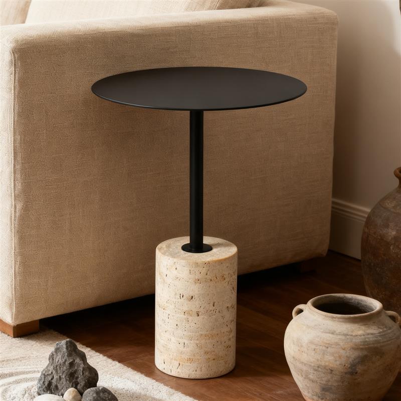 北欧轻奢天然洞石沙发边几侘寂风简约客厅边桌阳台家用迷你小圆桌