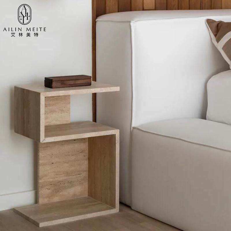 北欧轻奢天然洞石床头桌几客厅沙发大理石储物边几侘寂风简约边桌