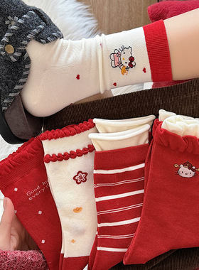 红色袜子女可爱卡通猫咪中筒袜甜美花边堆堆袜秋冬本命年袜子