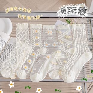 中筒玻璃丝春夏季 水晶白色袜子夏天薄款 透气可爱日系网红ins