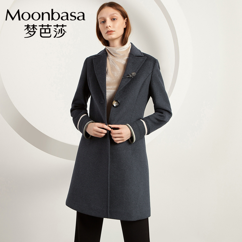 Moonbasa/梦芭莎时尚军旅风创意撞色罗纹袖长款韩版羊毛大衣女款