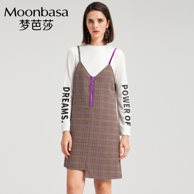 Moonbasa/梦芭莎时尚不对称下摆撞色拉链格子吊带连衣裙秋装女