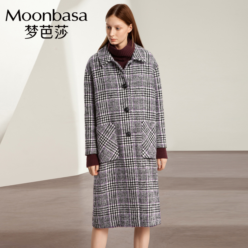 梦芭莎2019年时尚优雅欧美经典格子中长款羊毛呢大衣女保暖外套冬