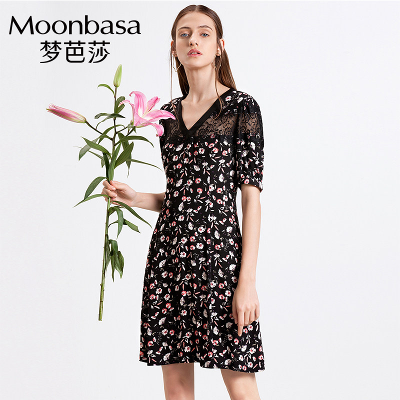 梦芭莎女装2019秋季新款收腰显瘦气质连衣裙中长款小清新碎花裙子