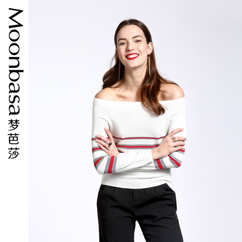 梦芭莎女装春装新品大方一字领间条纹修身毛衣