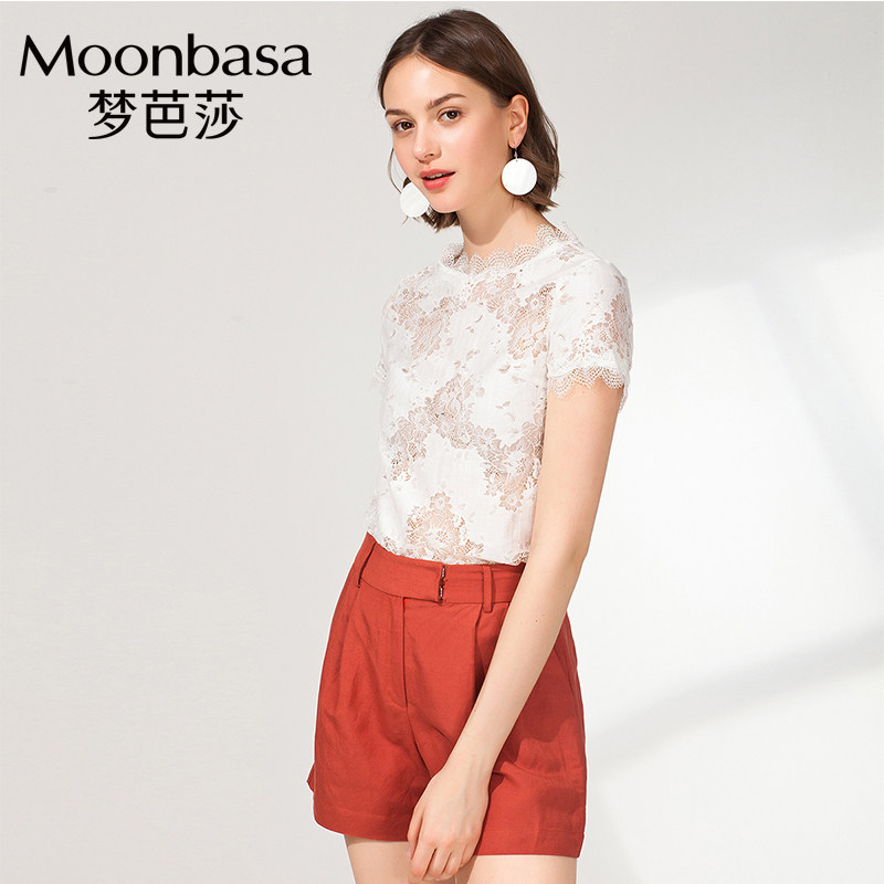 梦芭莎女装夏季缕空黑色白色蕾丝花边打底衫上衣网红短袖t恤女