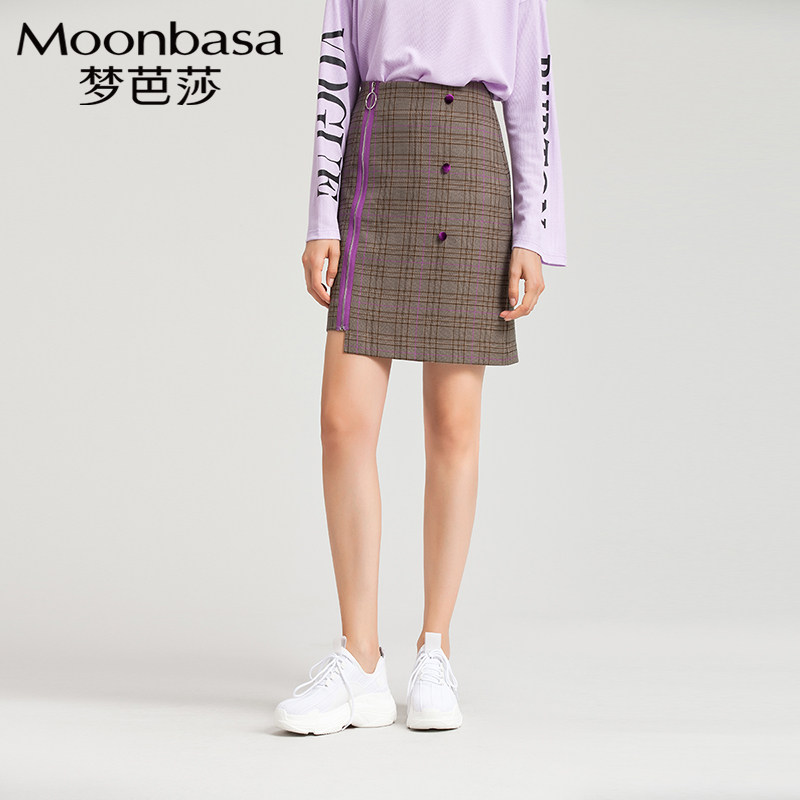 Moonbasa/梦芭莎女装格子半身裙2019秋冬新款高腰显瘦A字裙短裙子