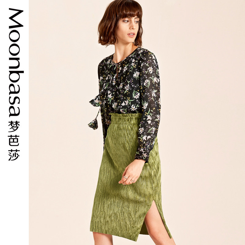 Moonbasa梦芭莎 2018春装新品定制花卉印花领口绑绳长袖套头小衫