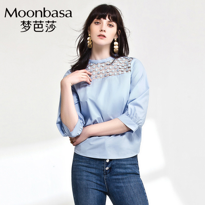 Moonbasa/梦芭莎2018春装新品镂空中袖衬衫蕾丝蝴蝶结漏背上衣女