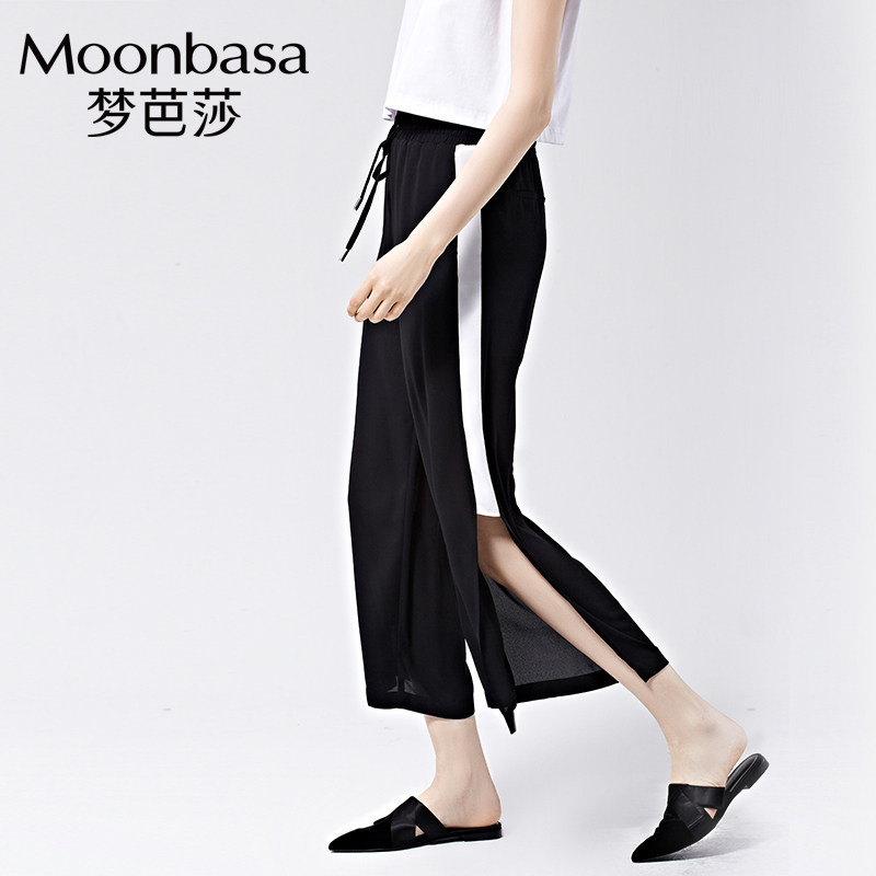 Moonbasa/梦芭莎橡筋抽绳腰头撞色拼接雪纺直筒裤女夏季新品薄款