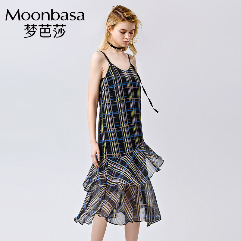 Moonbasa/梦芭莎时尚休闲雪纺彩色格纹长裙性感透视装吊带连衣裙