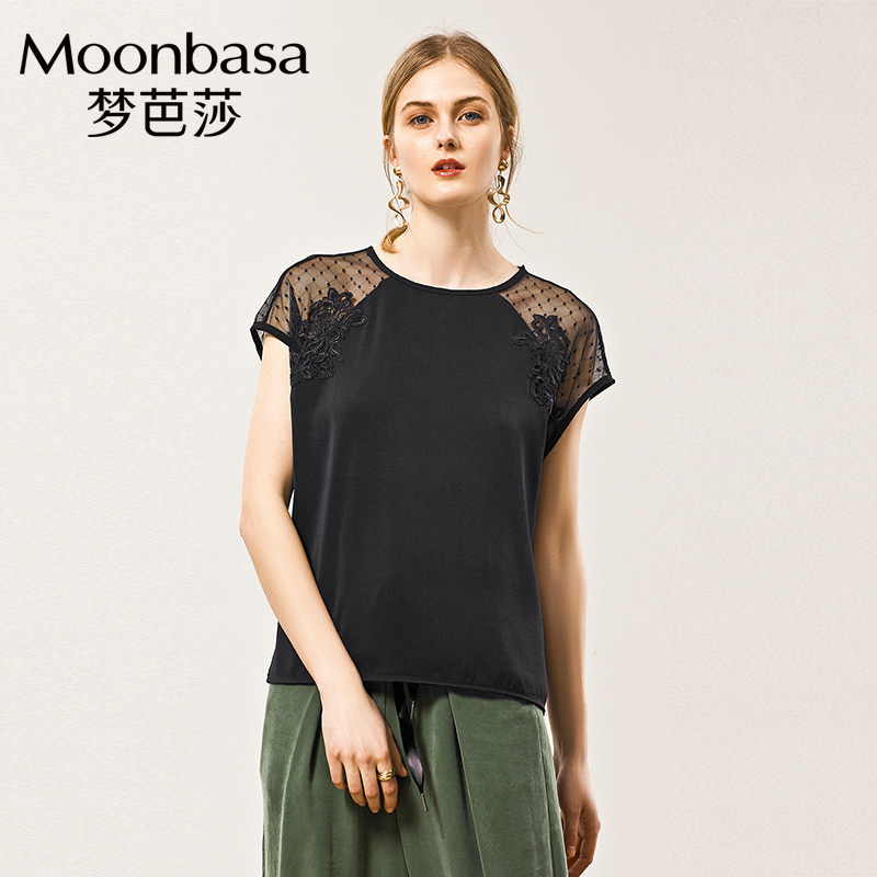 Moonbasa/梦芭莎优雅肩部网布拼接贴花上衣