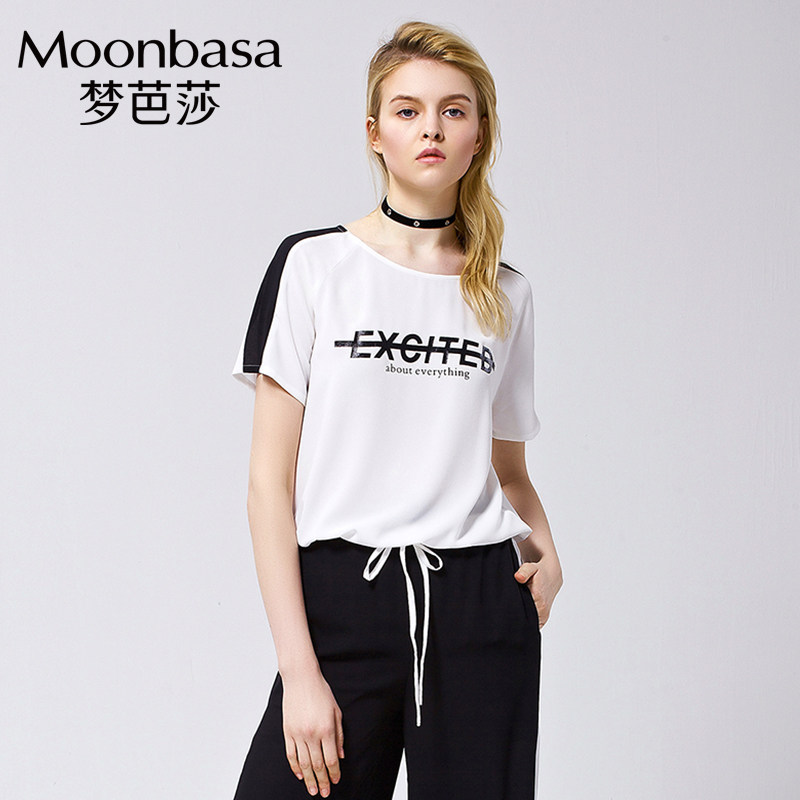 Moonbasa/梦芭莎插肩袖袖中撞色前片印花下摆绑带雪纺上衣