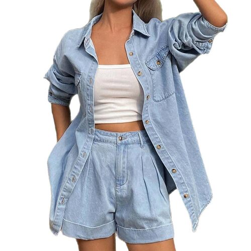 2026欧美宽松牛仔衬衫卷边短裤两件套 women jeans pants+jacket
