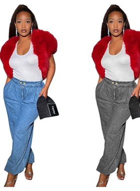 women jeans pants loose 欧美女式宽松牛仔裤束脚松紧腰休闲裤