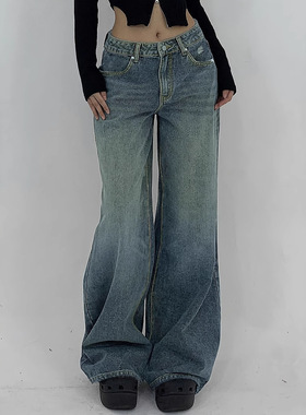 women loose jeans pants 欧美阔腿超长牛仔裤女破洞宽松宽腿休闲