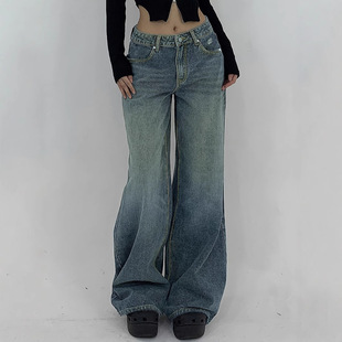 women loose jeans pants 欧美阔腿超长牛仔裤女破洞宽松宽腿休闲