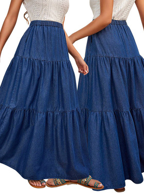 欧美新款牛仔休闲长款半身裙women jeans skirt dress loose 2025