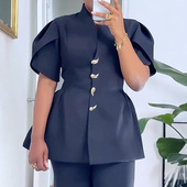 高腰直筒裤 women 两件套 set 欧美立领单排扣收腰衬衫 suit pants