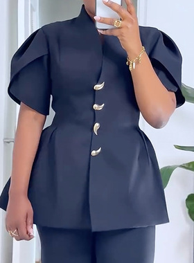 women suit+pants set 欧美立领单排扣收腰衬衫高腰直筒裤两件套