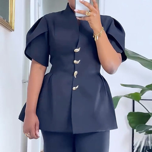 women suit+pants set 欧美立领单排扣收腰衬衫高腰直筒裤两件套