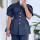 高腰直筒裤 women 两件套 set 欧美立领单排扣收腰衬衫 suit pants