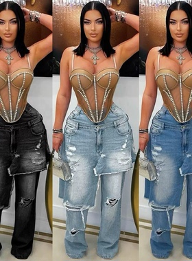 women jeans pants loose ladies 欧美牛仔做旧拼接宽松直筒长裤