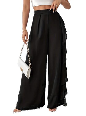 欧美阔腿裤高腰开衩蕾丝网纱宽松长裤women loose pants trousers