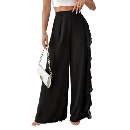 欧美阔腿裤高腰开衩蕾丝网纱宽松长裤women loose pants trousers