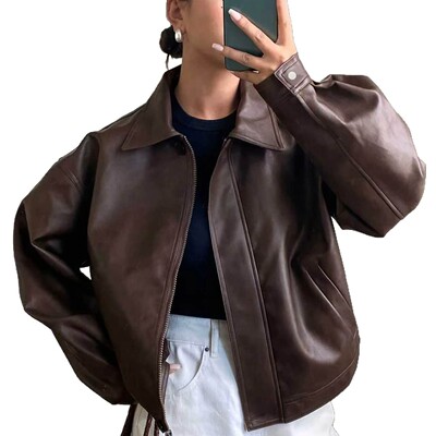 欧美黑色皮衣宽松皮夹克机车服外套 women leather coat jacket