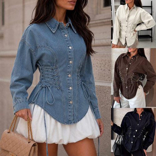 欧美收腰系带牛仔衬衫长袖翻领短款上衣women jeans shirts 2026